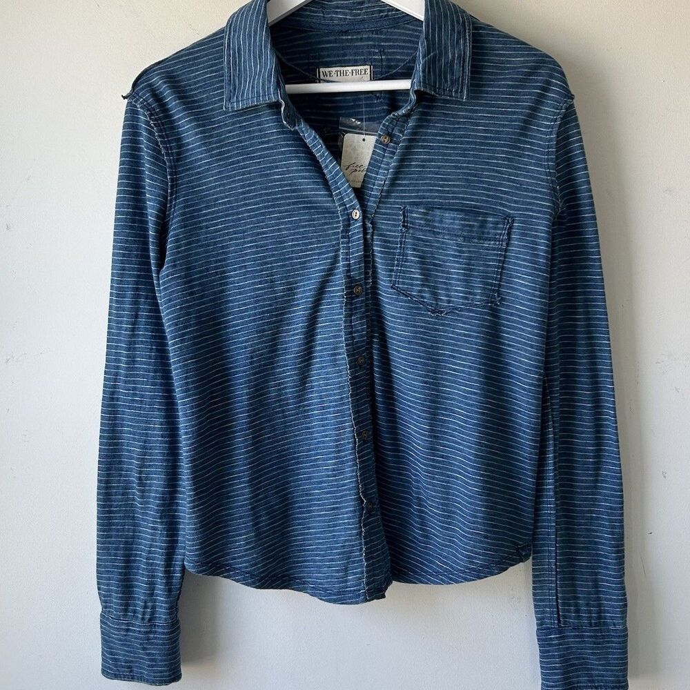 Free People We The Free Blue Long Sleeve Fitted Stripe Jersey Shirt Button Sz S - Picture 4 of 14